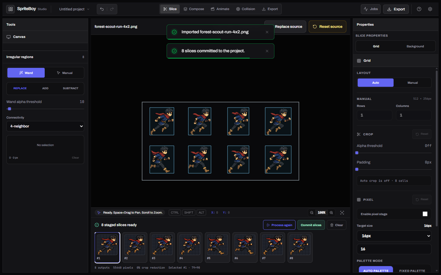 SpriteBoy Slice workspace with the forest scout sheet and eight staged results